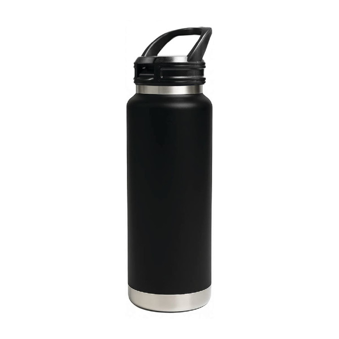 A drink bottle featuring a sleek black design with a stainless steel base and a sipper handle lid. It has a logo.