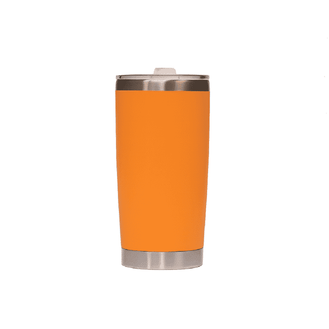 A drink bottle with an orange stainless steel body and a silver rim, featuring a lid.
