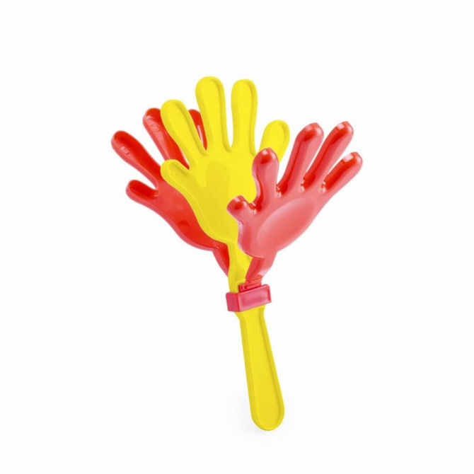 A hand clapper featuring red and yellow plastic hands on a yellow handle. It has a simple design with three clapping hands.