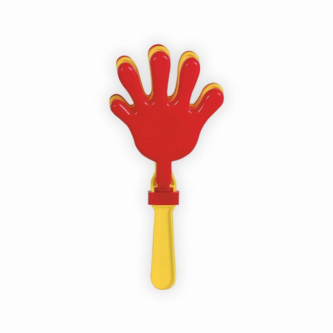 A hand clapper with a red and yellow design, featuring an oversized hand shape on a stick.