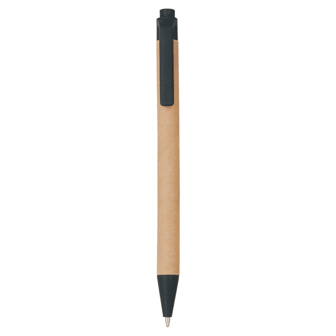 A recycled cardboard pen in natural brown with a black push-action top and clip, featuring a logo.