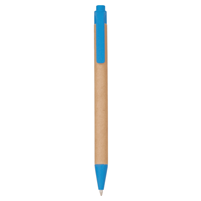 A recycled cardboard pen featuring a blue plastic push-action top and tip, with a simple design.