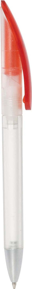A clear plastic pen with a red twist-action mechanism and a red clip. It features a logo on the barrel.