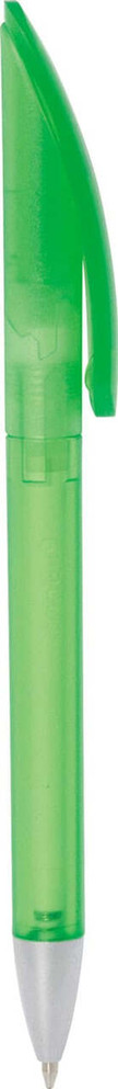 A frosted green twist-action plastic pen with a clip and a transparent body. It features a branding logo.
