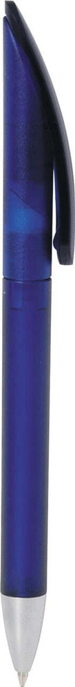 A twist-action plastic pen in a vibrant blue colour with a black clip and a logo.