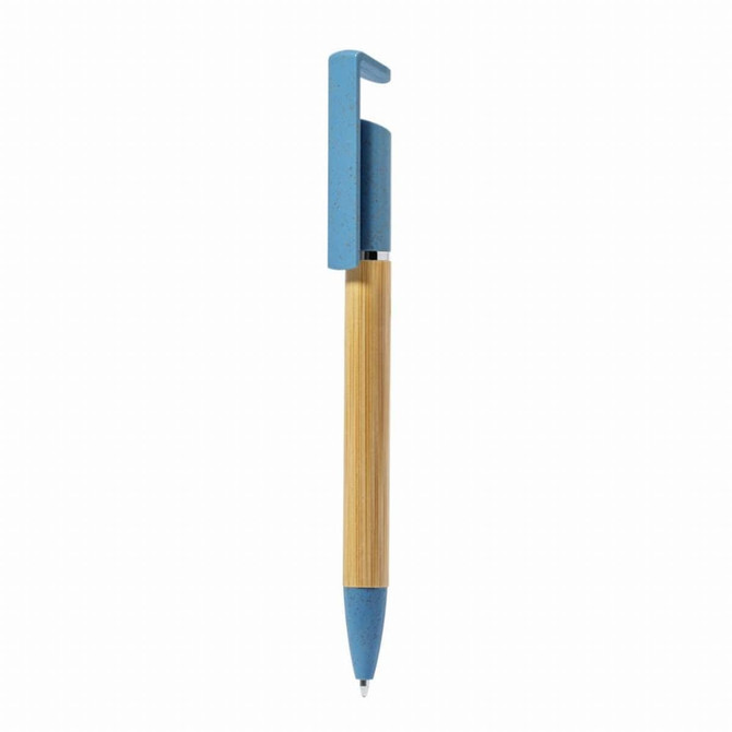 A bamboo and wheat straw eco ball pen in natural and blue, featuring a matching holder.