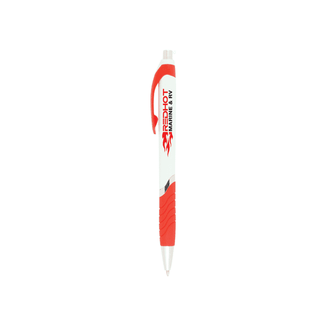 A red and white VECTRA push-action ballpoint pen with a rubber grip and a branding logo.
