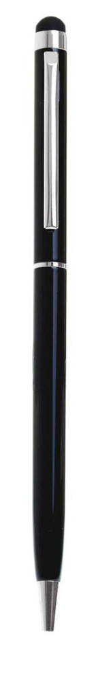 A slimline black metal twist-action stylus pen with a silver clip and detailing. It features a logo.
