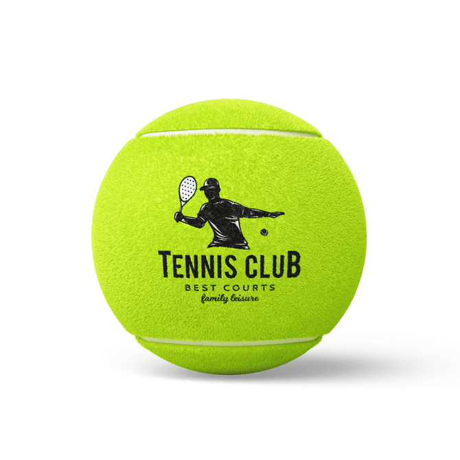 A bright yellow tennis ball featuring a logo and image of a player in action.