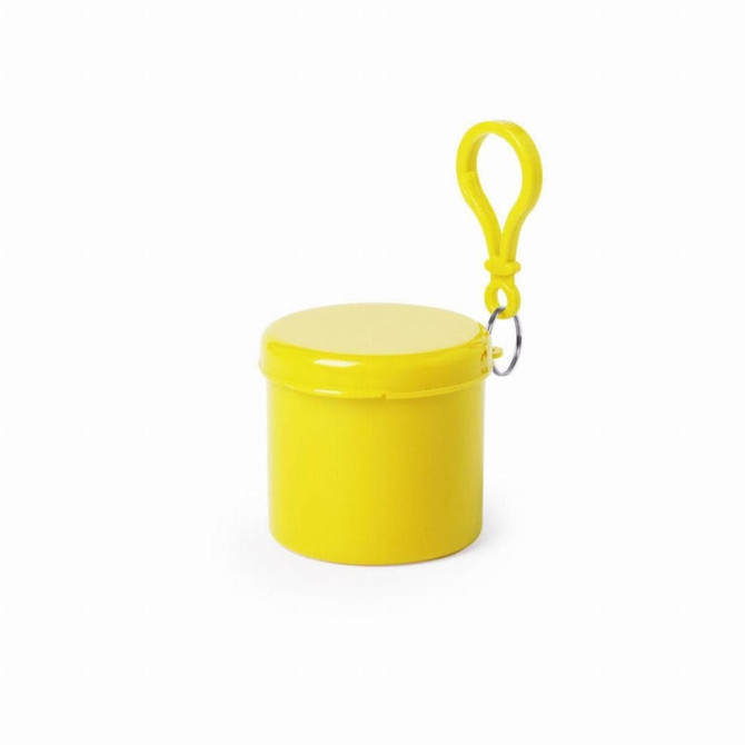 A yellow pouch with a lid and a carabiner attachment, featuring a circular design.