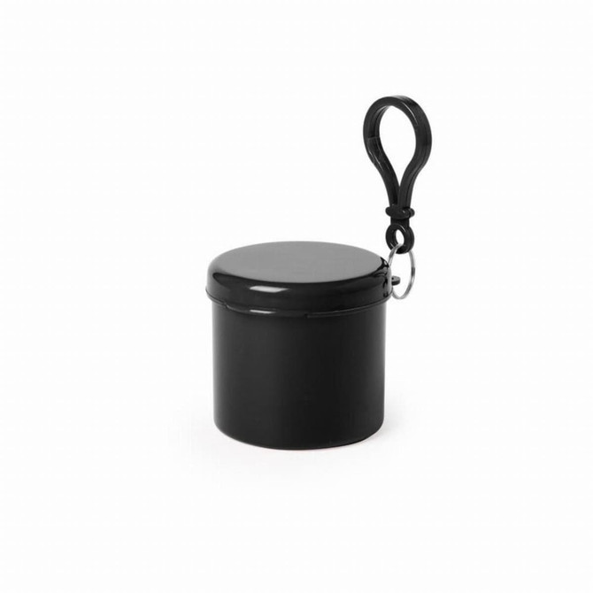 A black pouch with a lid and a carabiner clip attached for easy carrying.