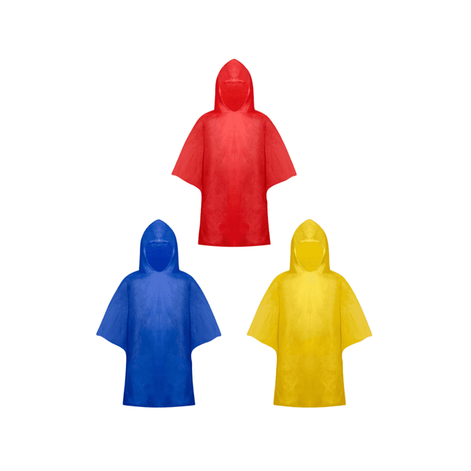 A red, blue, and yellow kids poncho with hoods, featuring a logo on each poncho.