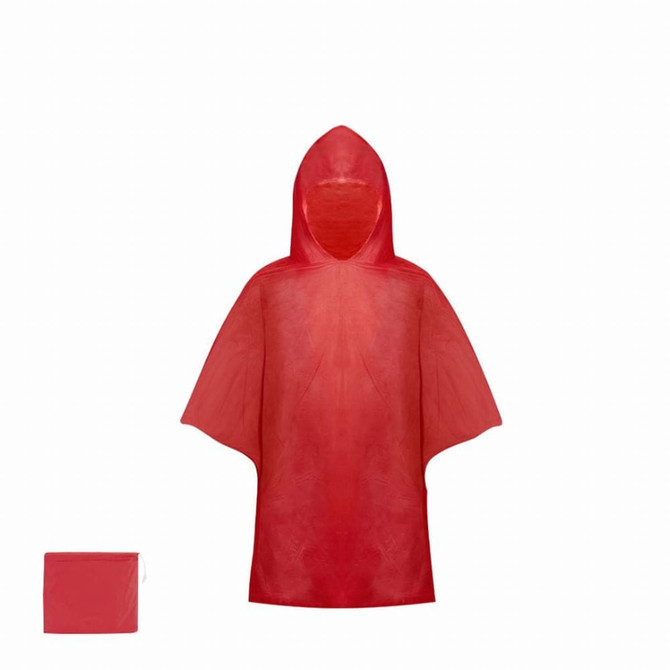 A red poncho with a hood, displayed alongside a compact pouch for storage. It features a simple, lightweight design.