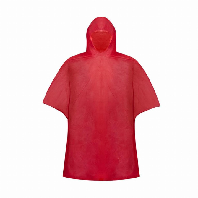 A red PVC poncho with a hood, featuring a loose fit and a simple design. It has a logo on the surface.