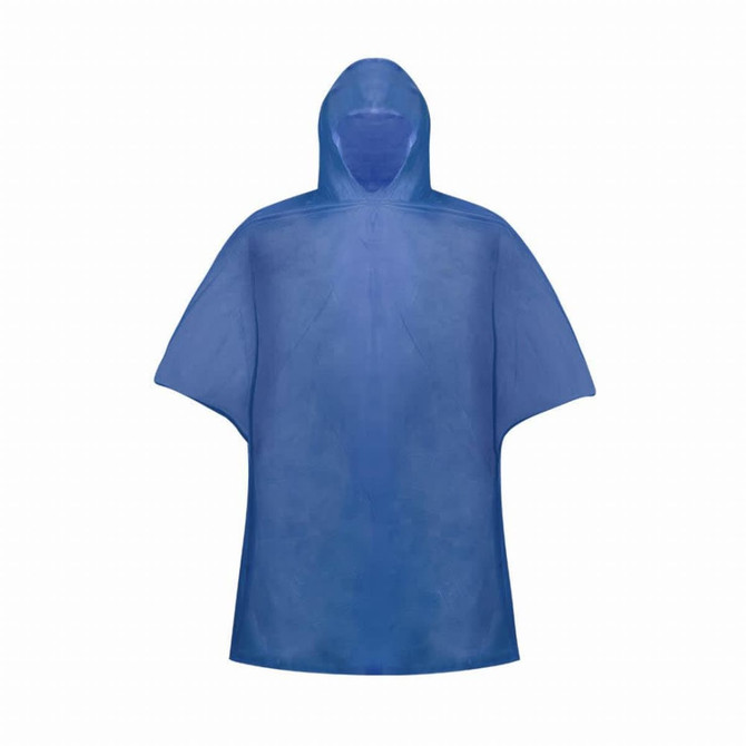 A blue Kira PVC poncho featuring a hood and a loose-fitting design. The poncho includes a branding logo.