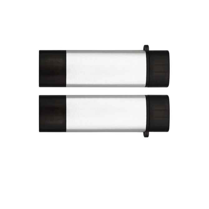 A silver and black USB flash drive, featuring a sleek, cylindrical design with two connected sections.