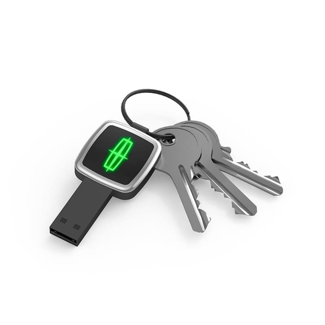 A USB flash drive in black with a sleek design attached to a set of silver keys on a keyring.