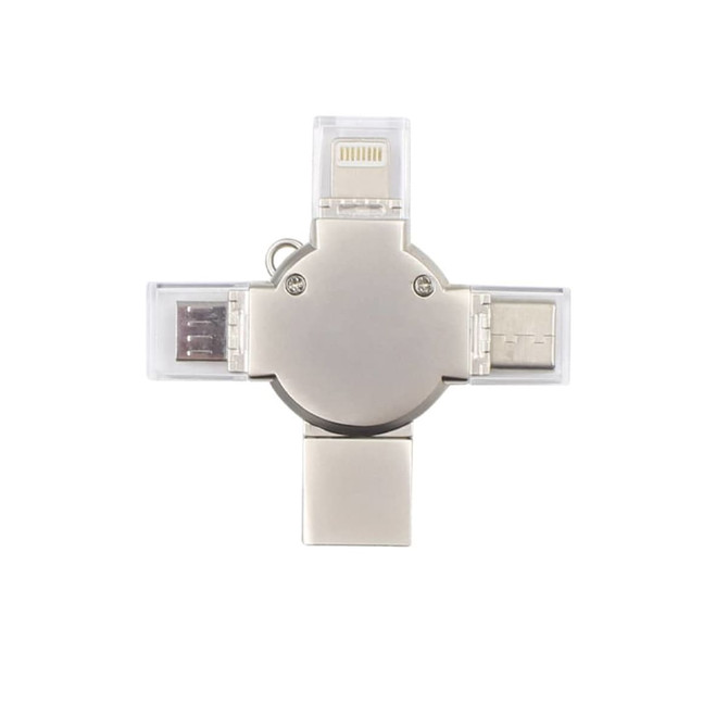 A silver 3-in-1 USB flash drive with Lightning, USB-A, and USB-C connectors, featuring a protective casing.