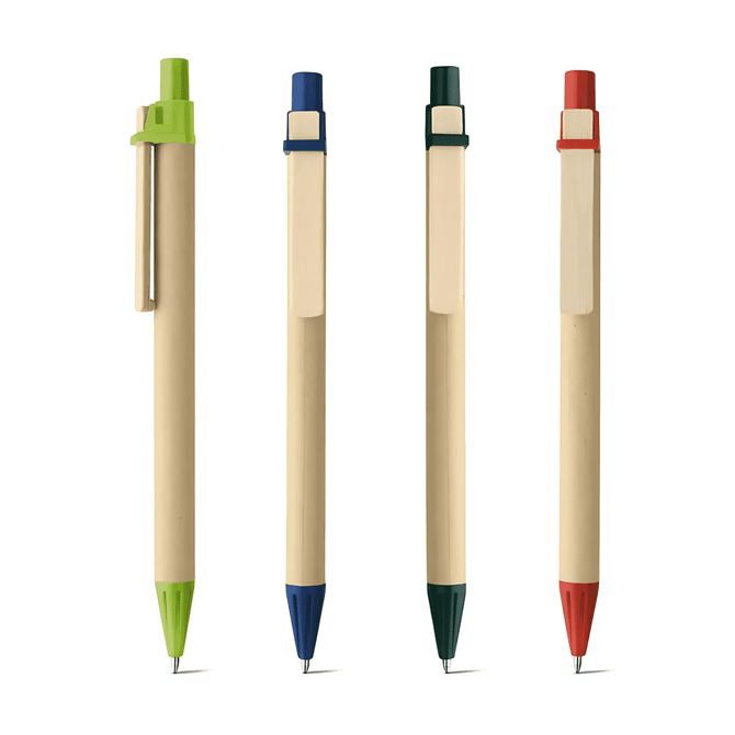 A set of four pens with wooden barrels and coloured tops in green, blue, dark green, and red. Each has a clip.