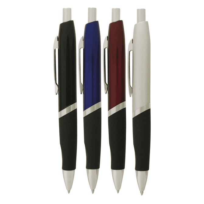 A collection of four metal pens in black, blue, red, and silver, featuring a rubber grip and a logo.