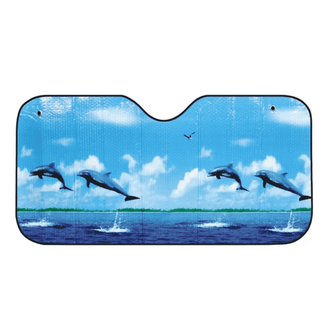 A foldable car sunshade featuring a vibrant blue ocean scene with dolphins leaping against a sky backdrop.