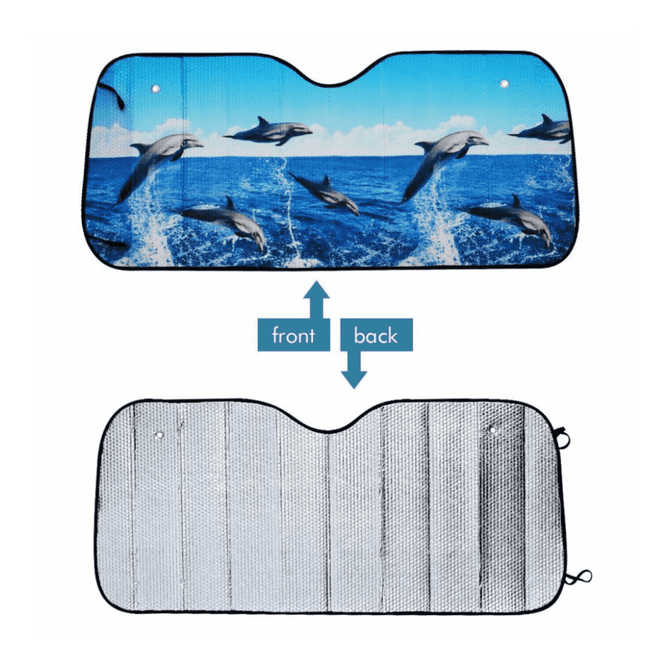 A foldable car sunshade featuring a colourful dolphin design on the front and a reflective silver surface on the back.