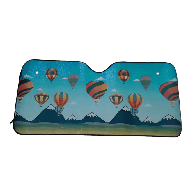 A foldable car sunshade featuring a vibrant design of colourful hot air balloons against a mountainous landscape.