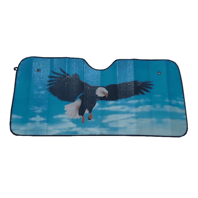 A foldable car sunshade featuring a blue sky design with an eagle in flight and branding.