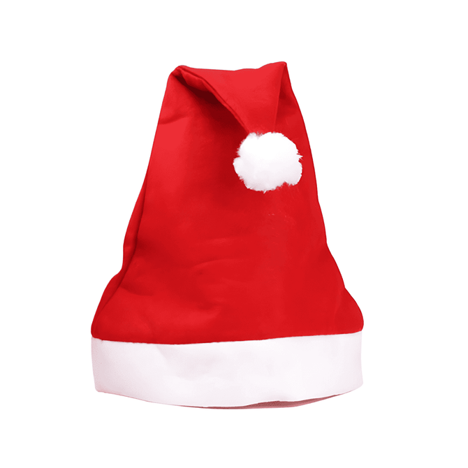A red Santa hat with a white pom-pom and white trim. It has a soft fabric texture.