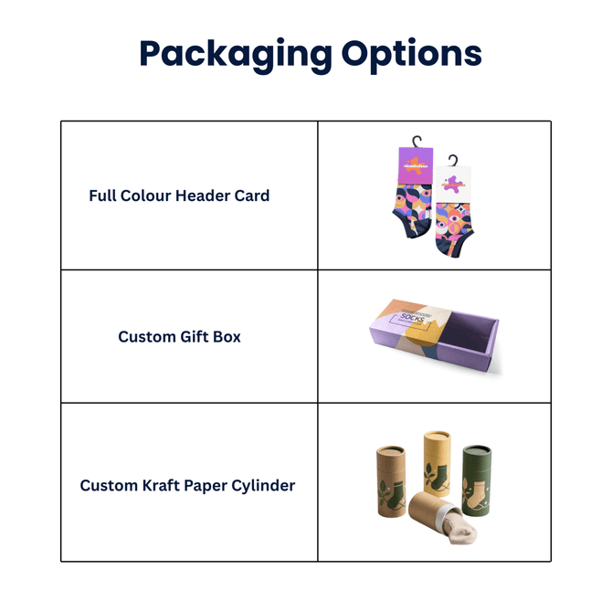 A set of colourful socks featuring a playful design, displayed alongside various packaging options.