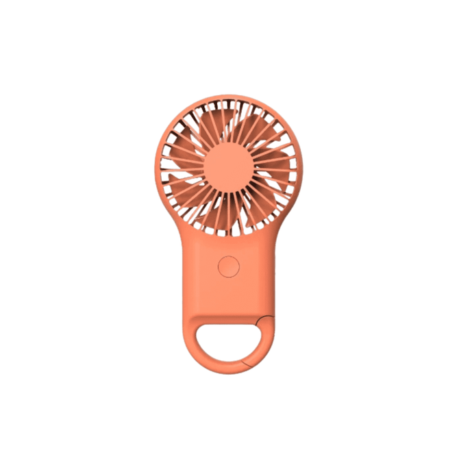 A portable pocket fan in a peach colour, featuring a handle for easy carrying and a simple design.