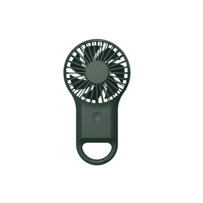 A green portable fan with a handle and circular design. It features a logo on the base.