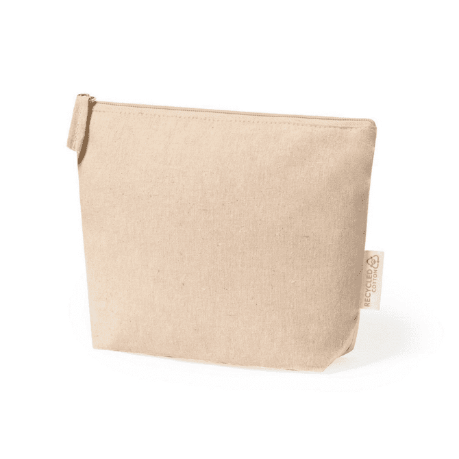A beige cosmetic bag made from recycled cotton with a zip closure and a small tag.