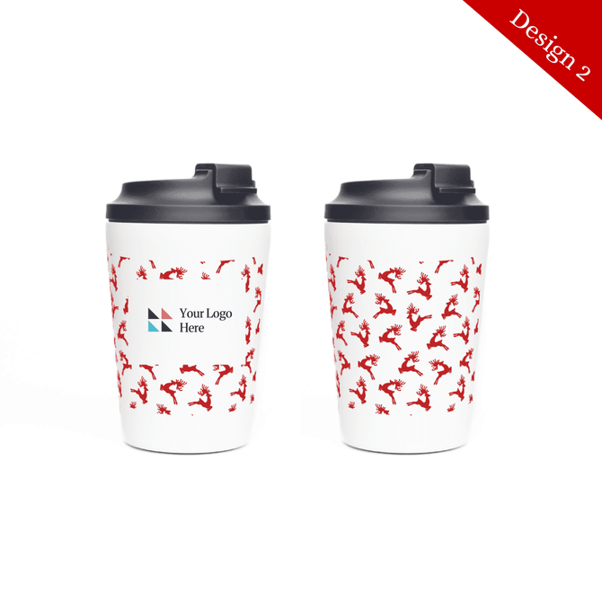 A double-walled coffee cup in white, featuring a pattern of red reindeer and a black lid. It has a logo on the side.