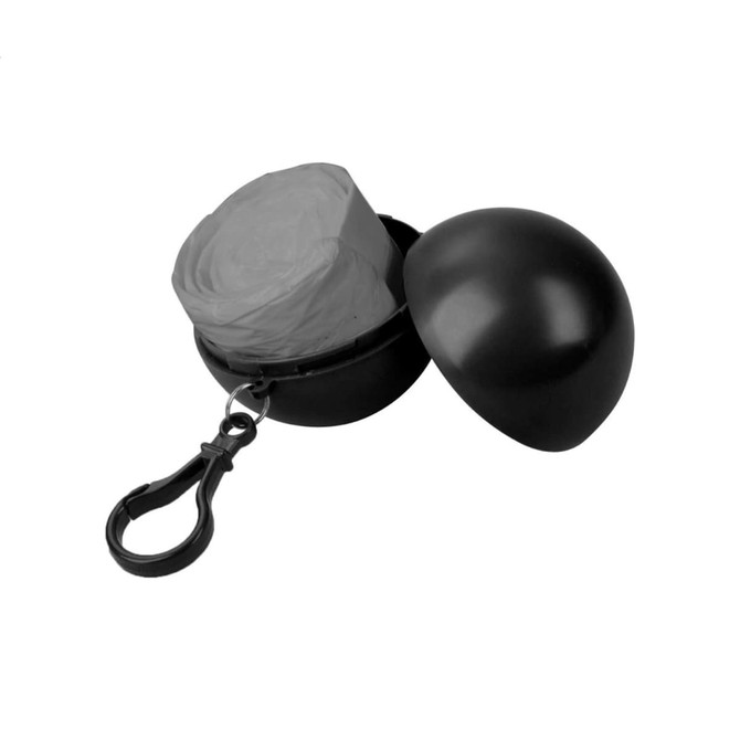 A black keyring with a rounded casing, containing a grey poncho neatly rolled inside.