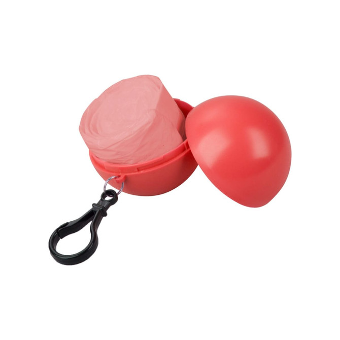 A red ball keyring containing a folded pink poncho, with a clip for attachment.