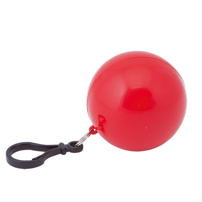A red ball keyring with a black clip, designed to hold a poncho inside.