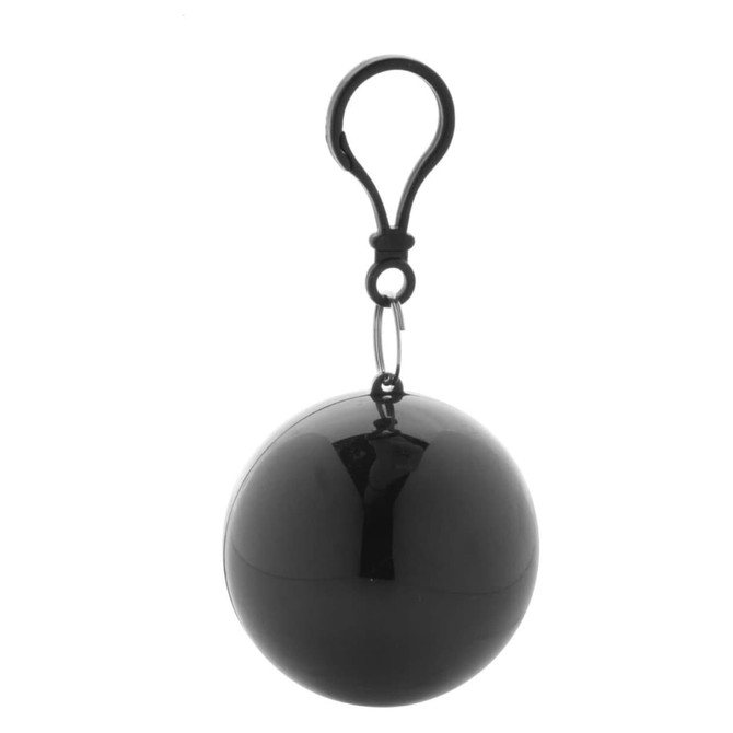 A black ball keyring with a clip, designed to hold a compact poncho inside.