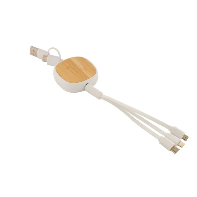 A USB charger cable featuring a bamboo and white design with three connection ends for versatility.