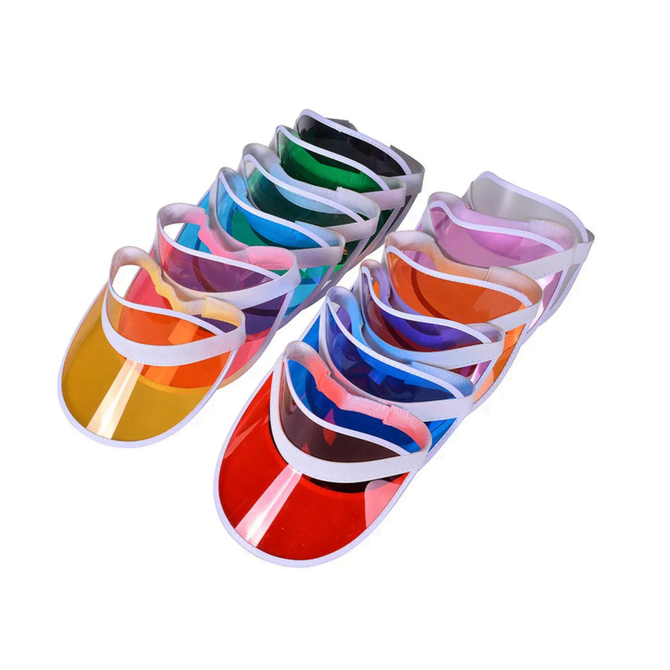 A collection of PVC sun visors in various colours including orange, pink, green, blue, purple, and red, with white straps.