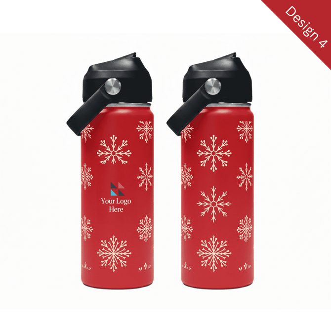 A drink bottle in Christmas red, featuring a black carry handle and snowflake patterns, with a logo.