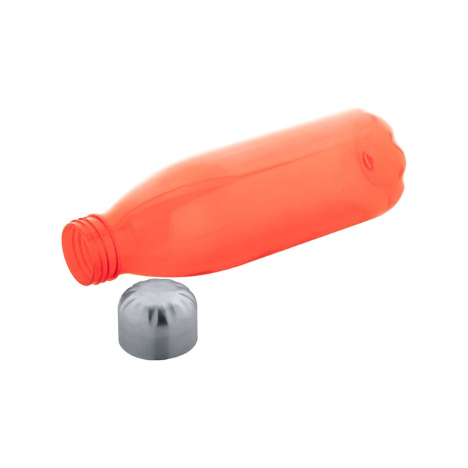 A drink bottle in bright orange with a silver cap placed beside it. The bottle features a simple design and a logo.