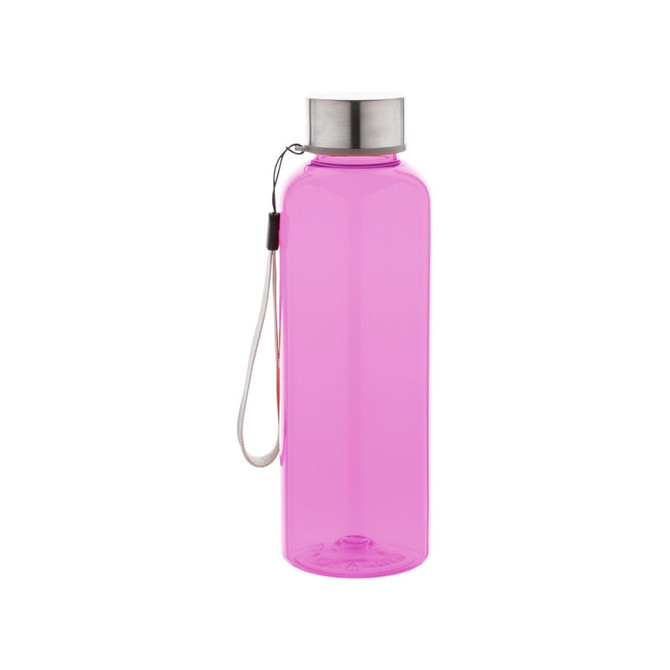 A drink bottle in bright pink with a silver cap and a wrist strap. It features a logo on the side.