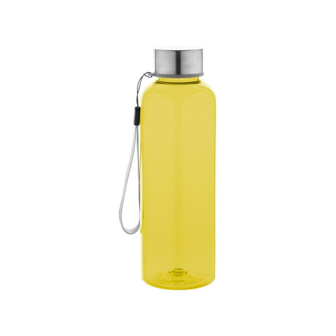 A drink bottle in vibrant yellow with a stainless steel lid and a carrying strap. It features a logo on the side.