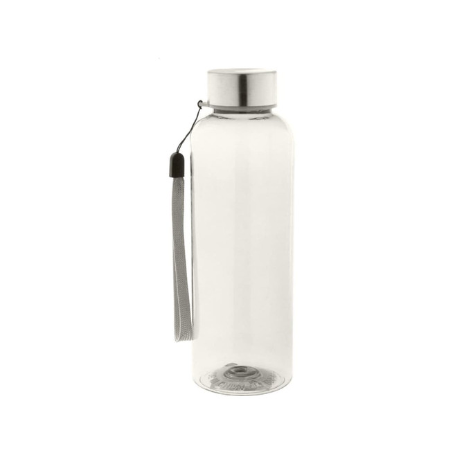 A drink bottle made of clear RPET plastic with a silver lid and a grey strap attached.