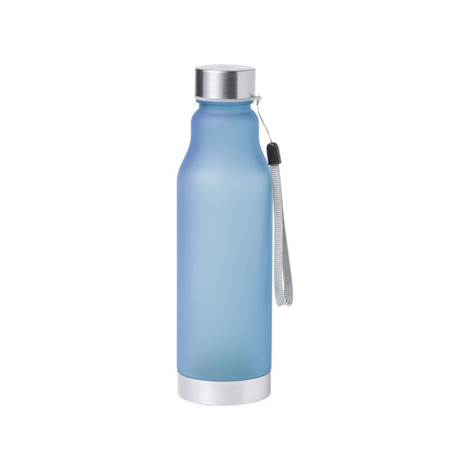 A drink bottle in a frosted blue finish with a silver lid and a looped handle. It features a logo on the surface.