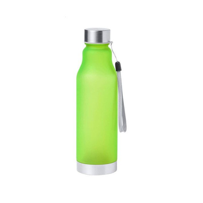 A drink bottle in vibrant green with a silver lid and a wrist strap, featuring a discreet logo.