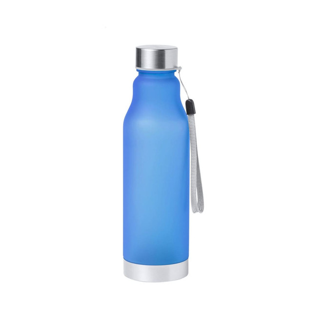 A drink bottle in a gradient of blue with a silver base and lid, featuring a carrying strap and a logo.