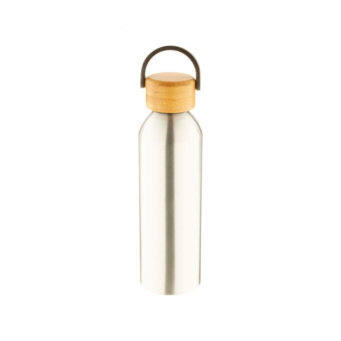 A drink bottle made of stainless steel with a bamboo lid and a metal handle. The bottle has a sleek, silver finish.