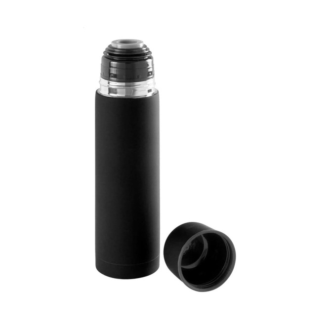 A drink bottle with a sleek black exterior and a removable lid, featuring a transparent section near the top.